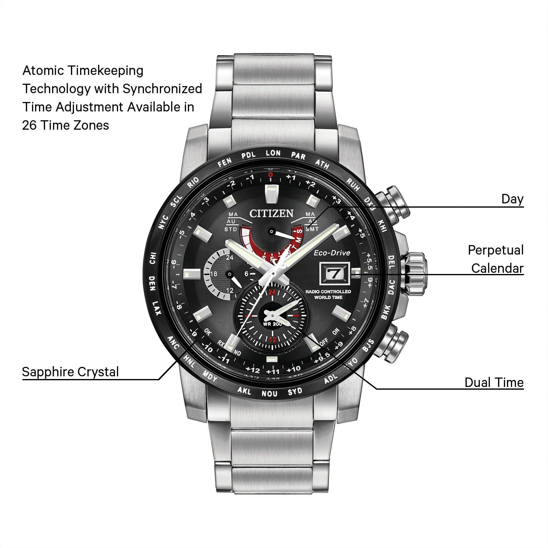 World Time A-T Black Dial Stainless Steel Bracelet AT9071-58E